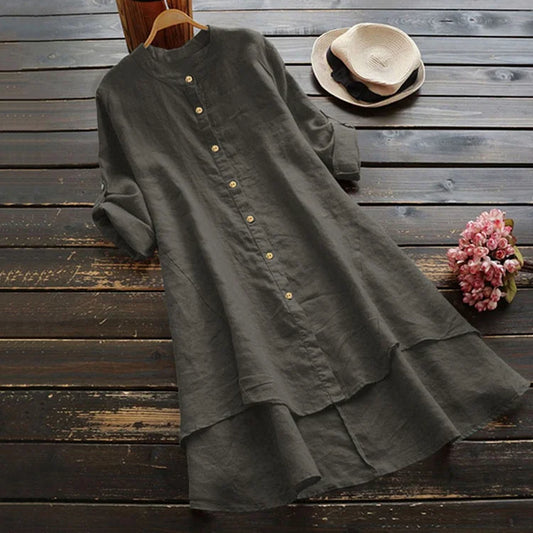 Retro Buttoned Cotton Linen Midi Dress