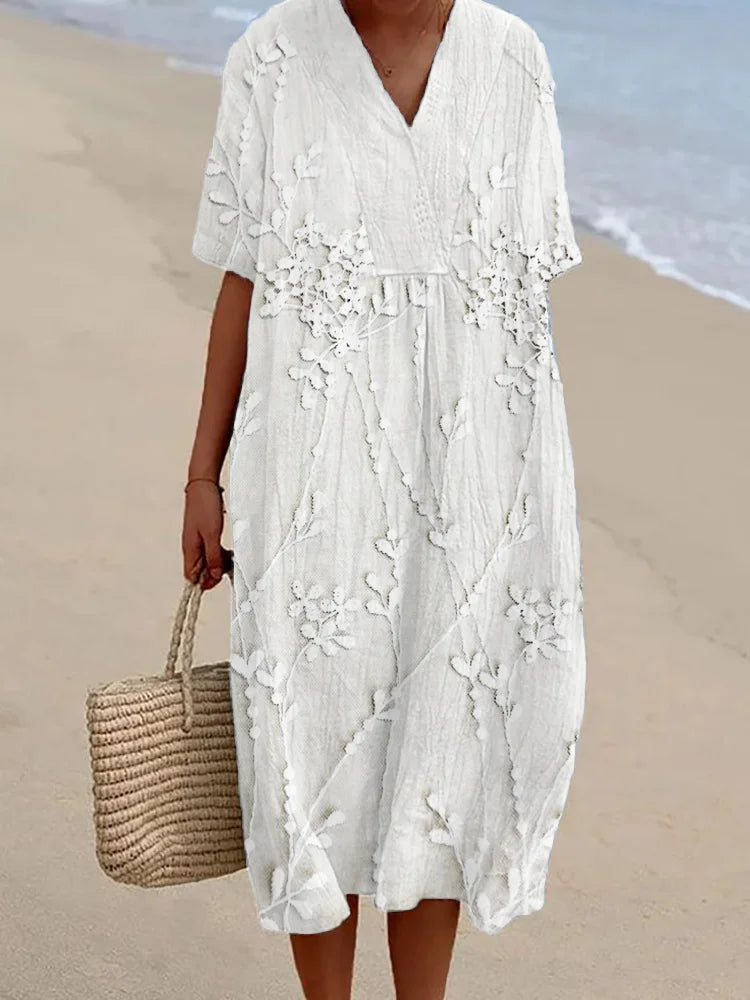 Elegant Floral Lace V Neck Linen Blend Embroidered Dress