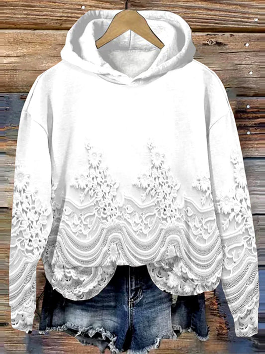 Retro Floral Lace Hoodie with Embroidery for Women