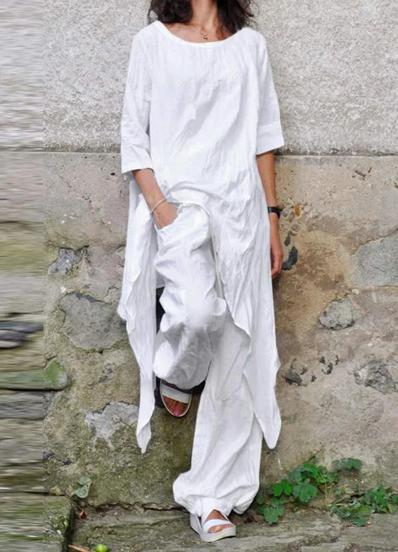 Relaxed Cotton and Linen Jumpsuit with Asymmetrical 3/4 Sleeves