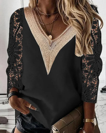 Chic Chiffon Top with Sheer Lace - Effortless Elegance