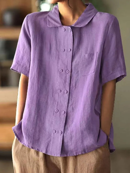 Casual Cotton Linen Shirt with Loose Fit and Doll Collar in Solid Colors