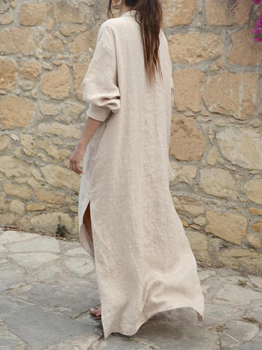 Women’s Casual Solid Deep V Neck Split Linen Dress for Beach Holidays