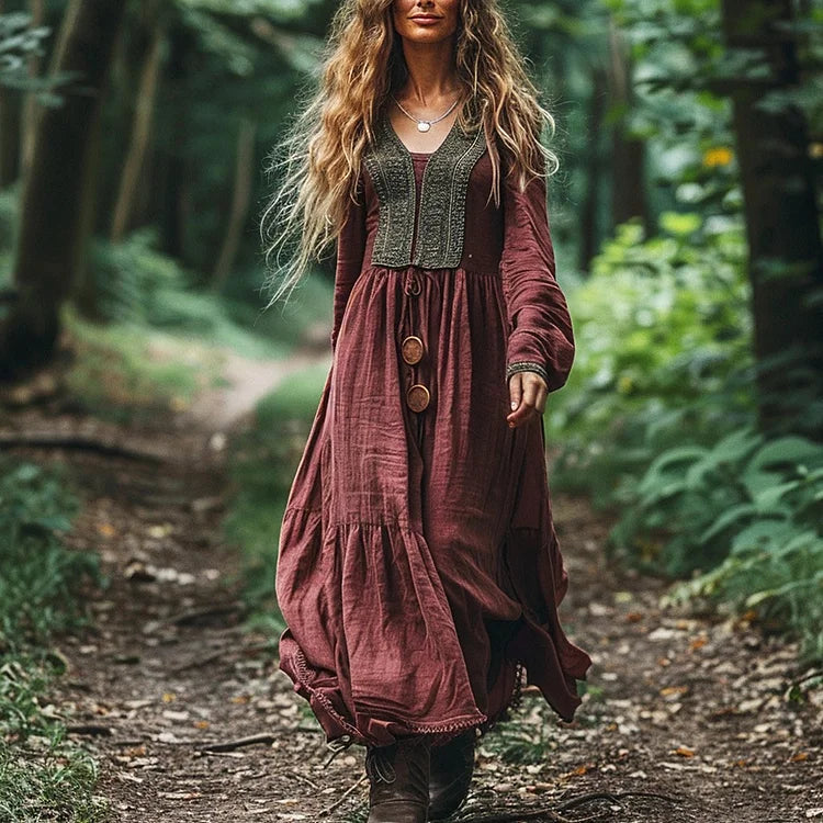 Bohemian-Style Women's Maxi Dress with Long Sleeves in Linen