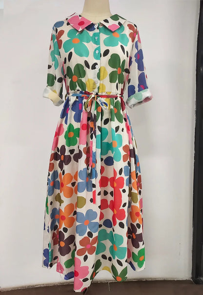 Whimsical Cartoon Floral Print Loose Tie Dress