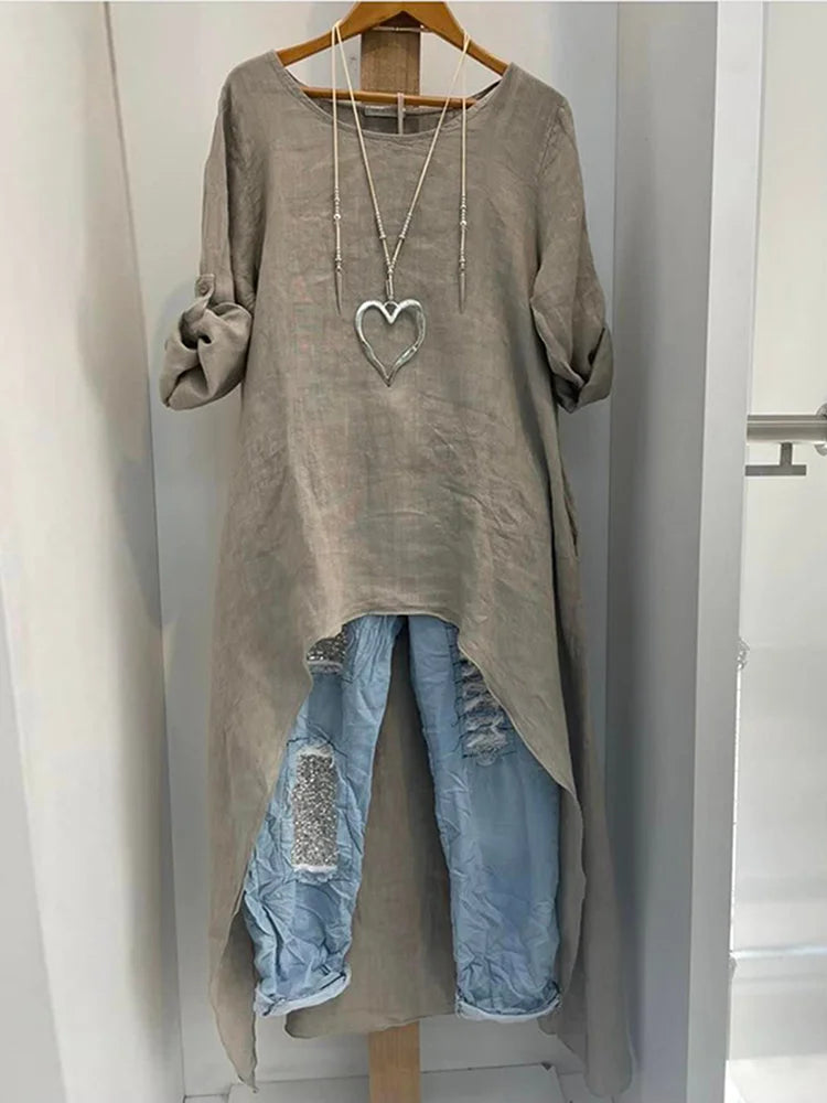 Casual Solid Color Long Shirt with Asymmetrical Hem