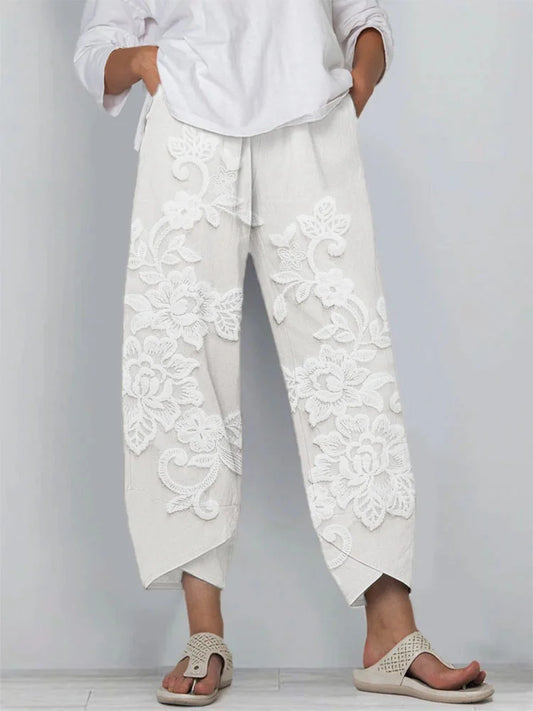 Retro Embroidered Floral Lace Linen Blend Culottes