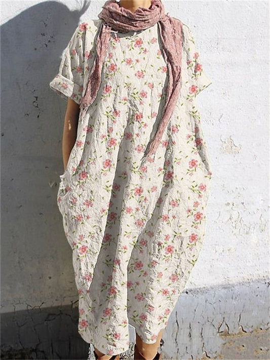 Floral Print Short Sleeve Cotton-Linen Dress for Women