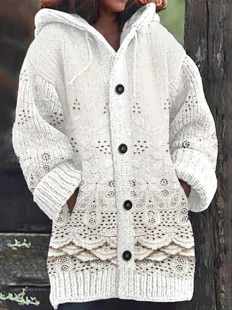 Retro Floral Lace Knit Women's Sweater with Embroidery Design