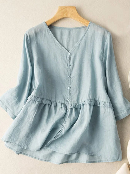 Artistic Retro Loose Fit Three-Quarter Sleeve Cotton-Linen Shirt