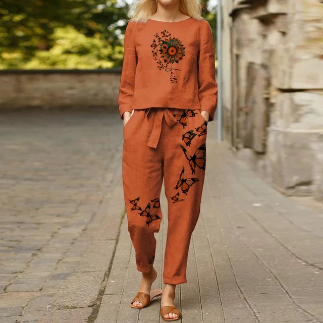 Printed Top with Tie and Dress Pants for Women