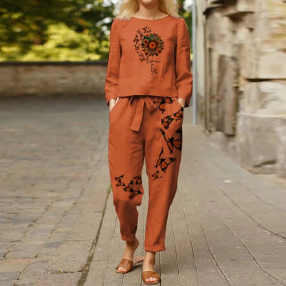 Printed Top with Tie and Dress Pants for Women