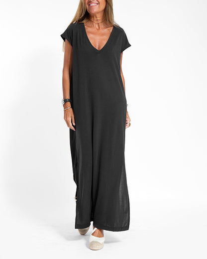 Sophisticated Women's Loose Maxi Dress with Short Sleeves