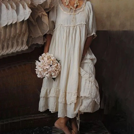 Chic Vintage Ruffled Edge Cotton Linen Maxi Dress