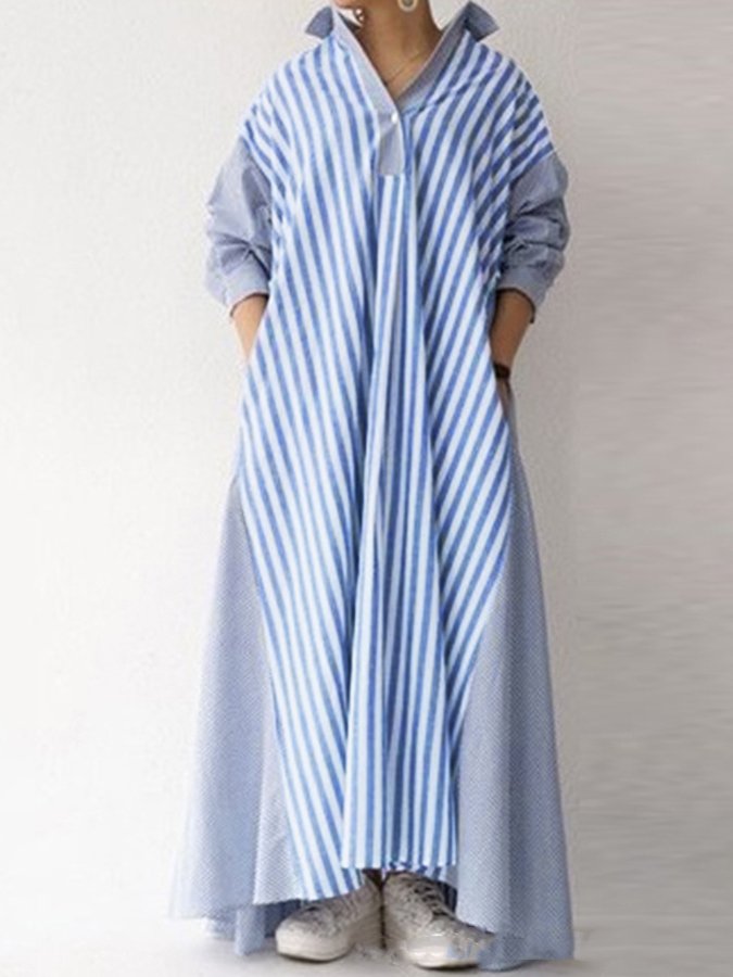 Casual Women's Striped V-Neck Long Sleeve Shirt Dress