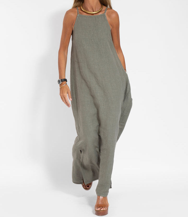 Stylish Sleeveless Cotton Linen Maxi Dress in Solid Colors