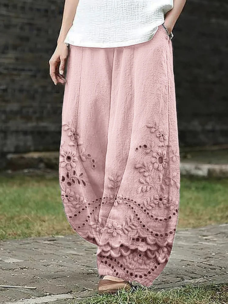 Bohemian Embroidered Lace Trim Wide Leg Trousers