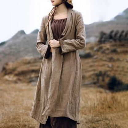 Retro Buttoned Linen Cotton Long Coat with Lapel