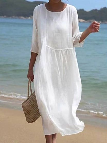 Elegant 3/4 Sleeve Cotton Linen Dress for Women