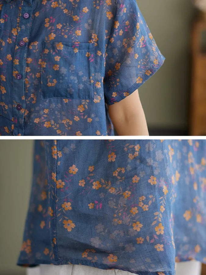 Paige - Vintage Floral Short Sleeve Casual Shirt in Cotton and Linen