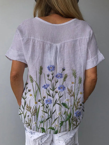 Vintage Floral V-Neck Cotton-Linen Top for Women