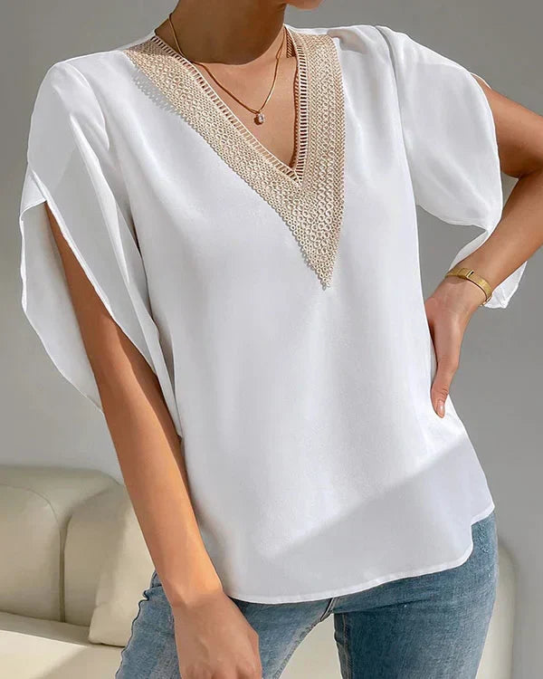 Solid Color V-Neck Top with Lace - Subtle Elegance