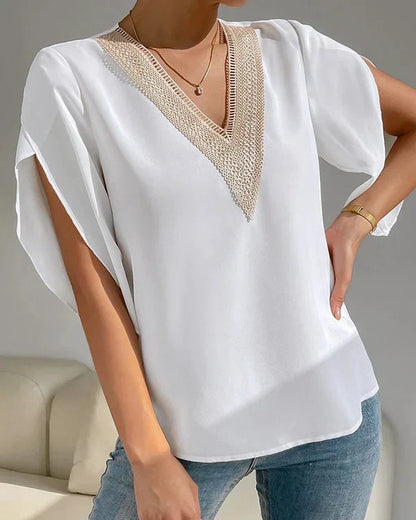 Solid Color V-Neck Top with Lace - Subtle Elegance