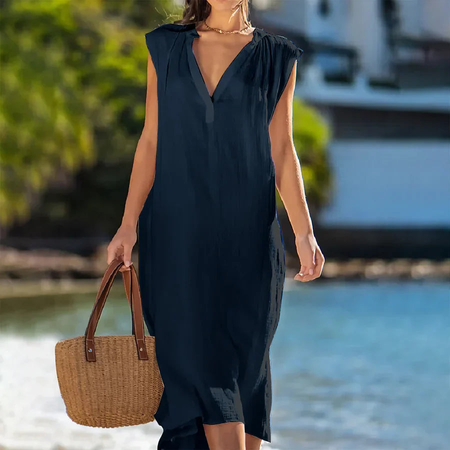 Viviette - Sleeveless Cotton-Linen Dress with V-Neck and Fitted Waist