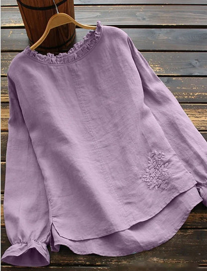 Women's Casual Long Sleeve Linen Top with Embroidered Crew Neck