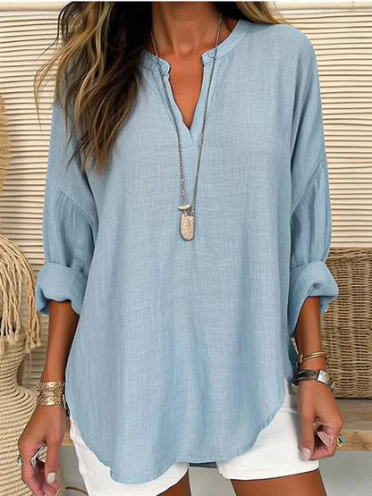 Long-Sleeved Cotton Beach Shirt with Round Neckline: Loose Fit