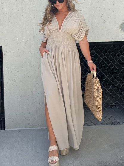 Chic V-Neck Maxi Dress with Slit for Effortless Glamour