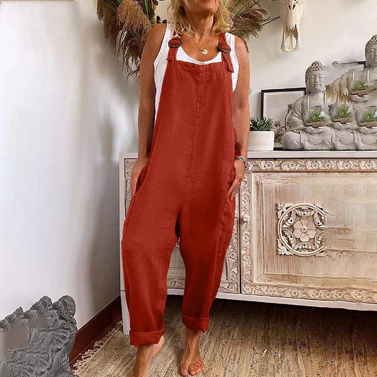 Retro Cotton Linen Pocket Relaxed Jumpsuit