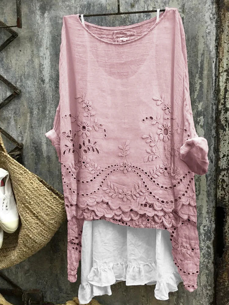 Linen Blend Tunic with Cottage Floral Embroidery and Lace Trim