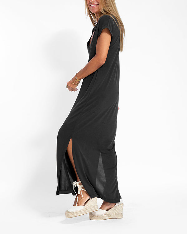 Sophisticated Women's Loose Maxi Dress with Short Sleeves