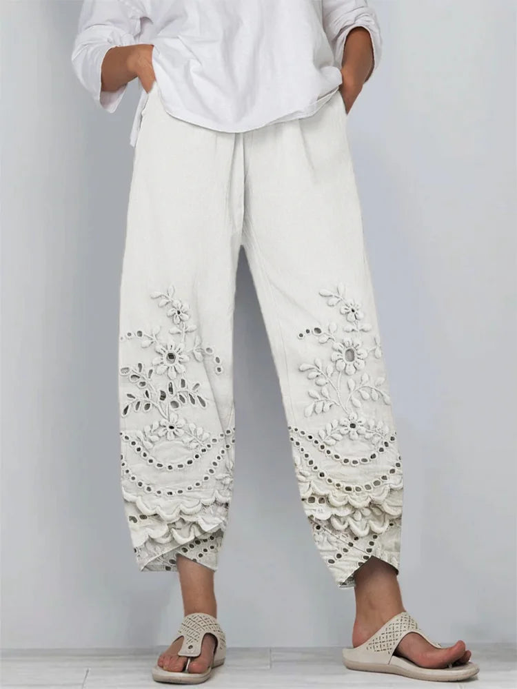 Floral Embroidered Lace Trimmed Linen Blend Cropped Trousers