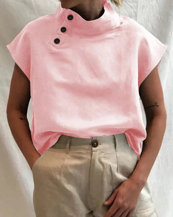 High-Collar Button-Up Blouse - Modern Minimalist Chic