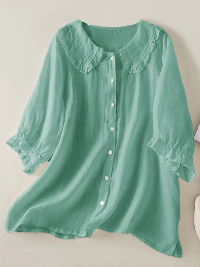 Casual Cotton Linen Peter Pan Collar Blouse with Ruffles