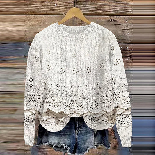 Floral Embroidered Knit Crew Neck Sweater with Vintage Charm