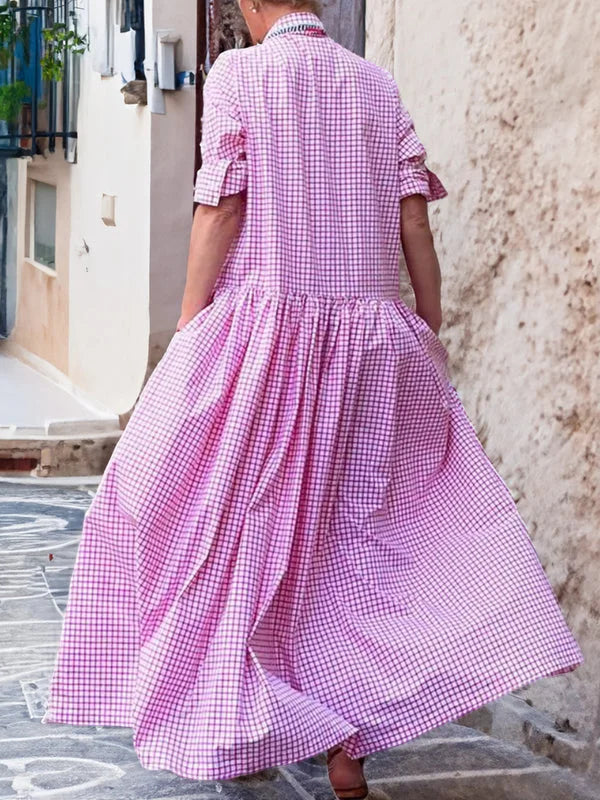 Emilia | Cotton-Linen Checked Dress with Long Sleeves