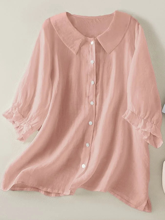 Casual Loose-Fit Solid Color Lapel Shirt with Three-Quarter Sleeves