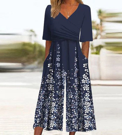 Navy Blue Short Sleeve Jumpsuit with Pockets