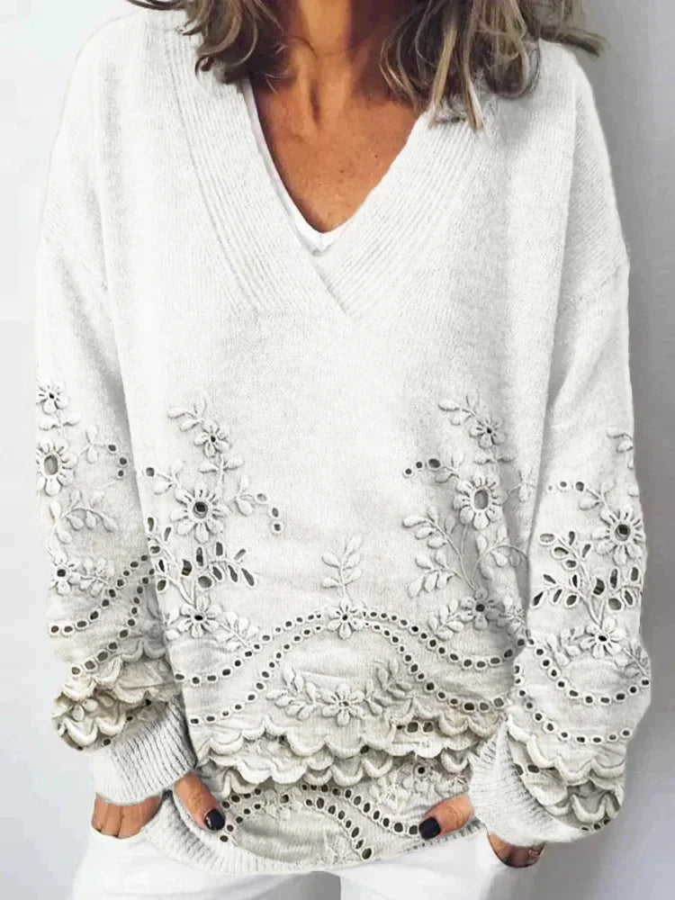 Charming Floral Lace V Neck Knit Sweater