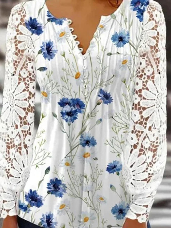 Floral Print Long Sleeve Blouse with Lace Trim - Casual Elegance