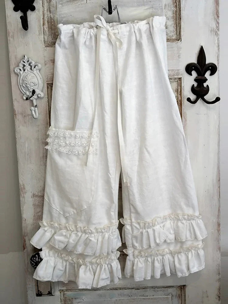 Retro Drawstring Flounced Pocket Trousers in Cotton Linen