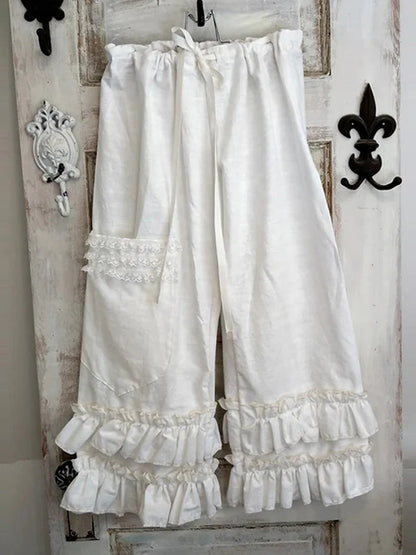 Retro Drawstring Flounced Pocket Trousers in Cotton Linen