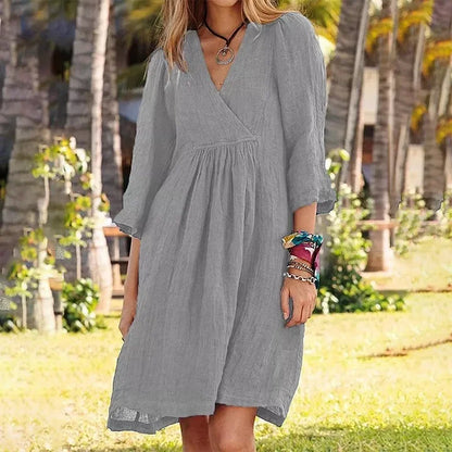 Posy - Solid Color Comfortable Midi Dress with V-Neck and 3/4 Sleeves