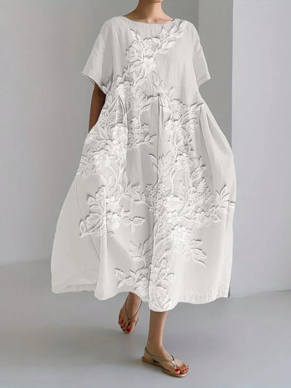 Retro Floral Lace-Trimmed Linen Maxi Dress