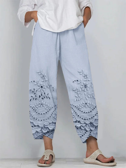 Floral Embroidered Lace Trimmed Linen Blend Cropped Trousers