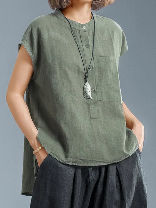 Jamir - Sleeveless Shirt with Stand Collar and Button Closure