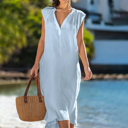 Viviette - Sleeveless Cotton-Linen Dress with V-Neck and Fitted Waist